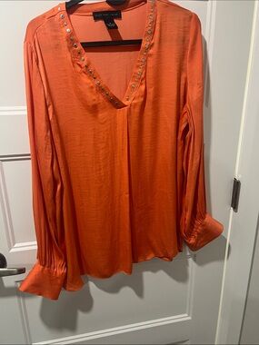 Joan Vass Bright Orange V-Neck Studded Long Sleeve Blouse